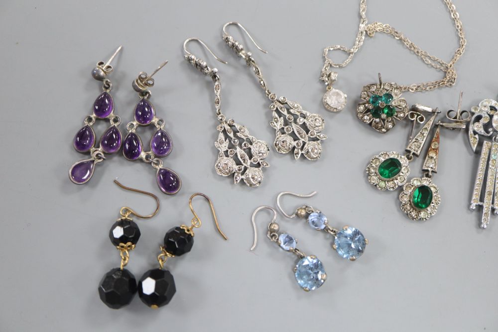 A quantity of white metal earrings and studs including paste and amethyst.
